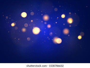 Blurred bokeh light on dark blue background. Christmas and New Year holidays template. Abstract glitter defocused blinking stars and sparks. EPS 10 Vector