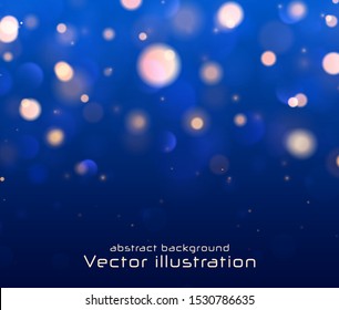 Blurred bokeh light on dark blue background. Christmas and New Year holidays template. Abstract glitter defocused blinking stars and sparks. EPS 10 Vector