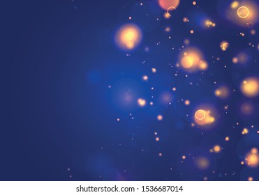 Blurred bokeh light on dark blue background. Christmas and New Year holidays template. Abstract glitter defocused blinking stars and sparks. Sparkling magical dust particles. Magic concept. Vector