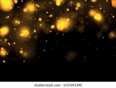 Blurred bokeh light on dark black background. Christmas and New Year holidays template. Abstract glitter defocused blinking stars and sparks. Sparkling magical dust particles. Magic concept. Vector