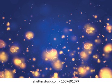 Blurred bokeh light on dark blue background. Christmas and New Year holidays template. Abstract glitter defocused blinking stars and sparks. Sparkling magical dust particles. Magic concept. Vector