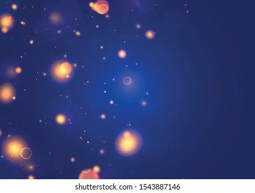Blurred bokeh light on dark blue background. Christmas and New Year holidays template. Abstract glitter defocused blinking stars and sparks. Sparkling magical dust particles. Magic concept. Vector