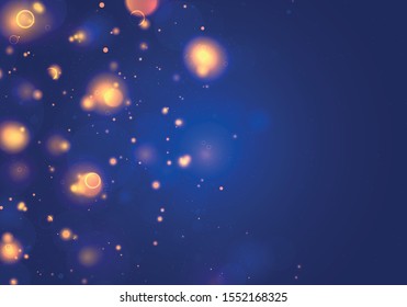 Blurred bokeh light on dark blue background. Christmas and New Year holidays template. Abstract glitter defocused blinking stars and sparks. Vector EPS 10