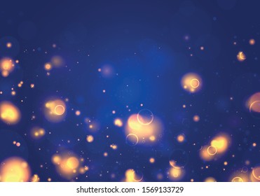Blurred bokeh light on dark blue background. Christmas and New Year holidays template. Abstract glitter defocused blinking stars and sparks. Vector EPS 10