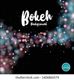 Blurred bokeh light on dark background. Holidays template. Abstract glitter defocused blinking stars, hearts and sparks, vector and illustration.
