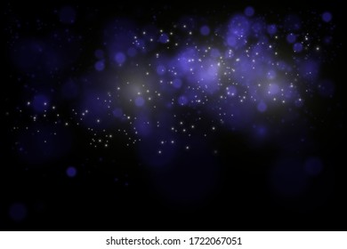 Blurred bokeh light on dark background. Christmas and New Year holidays template. Abstract glitter defocused blinking stars and sparks. EPS 10 Vector