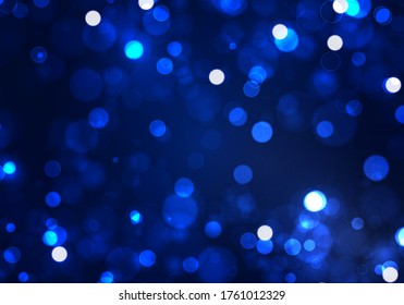 Blurred bokeh light on dark blue background. Christmas and New Year holidays template. Abstract glitter defocused blinking stars and sparks. Vector EPS 10