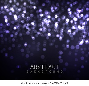 Blurred bokeh light on dark blue background. Christmas and New Year holidays template. Abstract glitter defocused blinking stars and sparks. Vector EPS 10