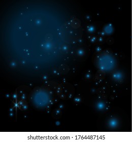 Blurred bokeh light on dark background. Christmas and New Year holidays template. Abstract glitter defocused blinking stars and sparks. EPS 10 Vector