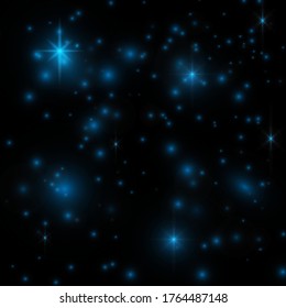Blurred bokeh light on dark background. Christmas and New Year holidays template. Abstract glitter defocused blinking stars and sparks. EPS 10 Vector