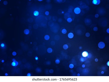 Blurred bokeh light on dark blue background. Christmas and New Year holidays template. Abstract glitter defocused blinking stars and sparks. Vector EPS 10