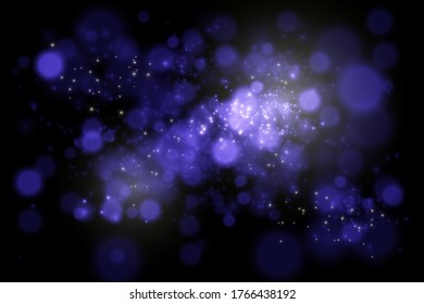 Blurred bokeh light on dark background. Christmas and New Year holidays template. Abstract glitter defocused blinking stars and sparks. EPS 10 Vector