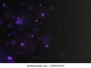 Blurred bokeh light on dark black tarnsparent background. Christmas and New Year holidays template. Abstract glitter defocused blinking stars and sparks. Vector EPS 10