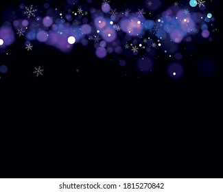Blurred bokeh light on dark blue background. Christmas and New Year holidays template. Abstract glitter defocused blinking stars and sparks. Vector EPS 10