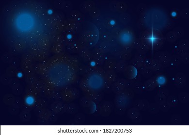Blurred bokeh light on dark background. Christmas and New Year holidays template. Abstract glitter defocused blinking stars and sparks. EPS 10 Vector