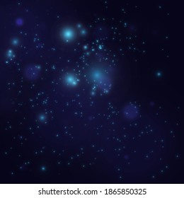 Blurred bokeh light on dark background. Christmas and New Year holidays template. Abstract glitter defocused blinking stars and sparks. EPS 10 Vector