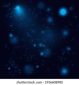 Blurred bokeh light on dark background. Christmas and New Year holidays template. Abstract glitter defocused blinking stars and sparks. EPS 10 Vector