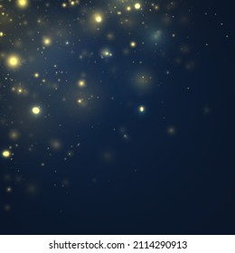 Blurred bokeh light on dark blue background. Abstract glitter defocused blinking stars and sparks.  Christmas and New Year holidays template. Dark golden abstract bokeh. Vector illustration.