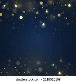 Blurred bokeh light on dark blue background. Abstract glitter defocused blinking stars and sparks.  Christmas and New Year holidays template. Dark golden abstract bokeh. Vector illustration.