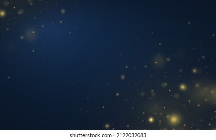 Luz de bokeh borrosa sobre fondo azul oscuro. El oro brillante de la noche desenfocada resalta el abstracto de la luz. Celebrando los destellos de bokeh, el invierno celebra los fuegos artificiales difuminados fondo. Ilustración vectorial.