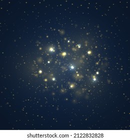Luz de bokeh borrosa sobre fondo azul oscuro. El oro brillante de la noche desenfocada resalta el abstracto de la luz. Celebrando los destellos de bokeh, el invierno celebra los fuegos artificiales difuminados fondo. Ilustración vectorial.