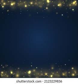 Blurred bokeh light on dark blue background. Defocused night bright gold sparkles light abstract. Celebrating bokeh sparkles, winter celebrate fireworks blurred backdrop. Vector illustration.