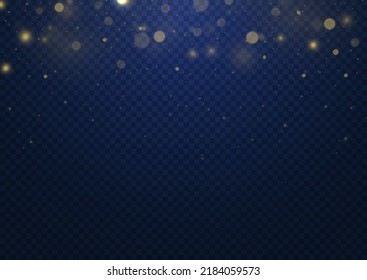 Blurred bokeh light on dark blue background. Defocused night bright gold sparkles light abstract. Celebrating bokeh sparks, winter celebrate fireworks blurred backdrop. Vector illustration.