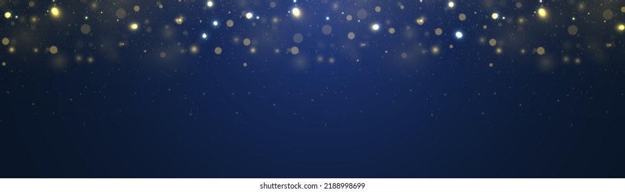 Luz de bokeh borrosa sobre fondo azul oscuro. El oro brillante de la noche desenfocada resalta el abstracto de la luz. Celebrando las chispas de bokeh, el invierno celebra los fuegos artificiales con fondo borroso. Ilustración vectorial.