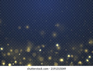 Luz de bokeh borrosa sobre fondo azul oscuro. El brillo abstracto desenfocó estrellas y chispas parpadeantes. plantilla de vacaciones de Navidad y Año Nuevo. Bokeh abstracto dorado oscuro. Ilustración vectorial.