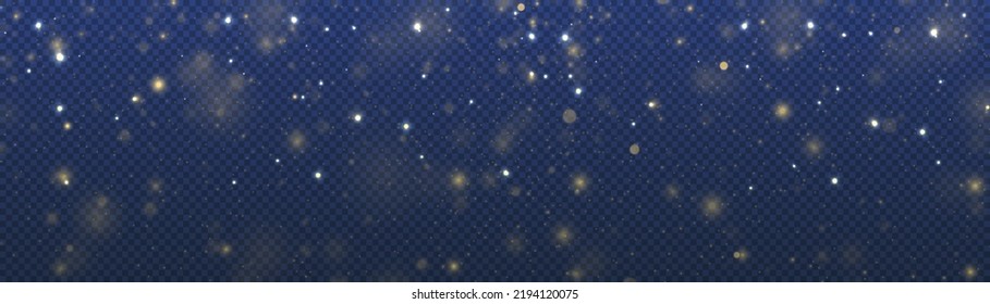 Blurred bokeh light on dark blue background. Abstract glitter defocused blinking stars and sparks. Christmas and New Year holidays template. Dark golden abstract bokeh. Vector illustration.