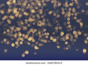 Blurred bokeh light on dark blue background. Christmas and New Year holidays template. Abstract glitter defocused blinking stars and sparks. Vector EPS 10