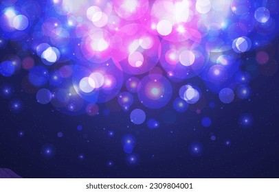 Luz de bokeh borrosa sobre fondo azul oscuro. Plantilla para las vacaciones de Navidad y Año Nuevo. El resumen desenfocó estrellas brillantes y chispas.