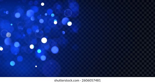 Blurred bokeh light on dark blue background. Christmas and New Year holiday template. Abstract glitter, defocused blinking stars and sparks. Vector eps 10