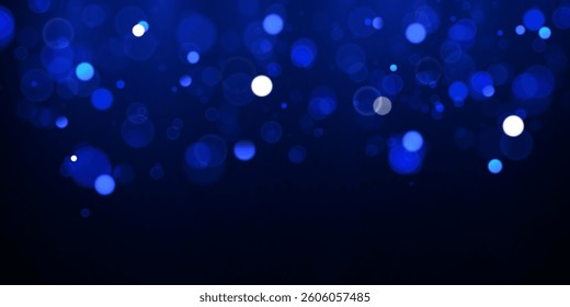 Blurred bokeh light on dark blue background. Christmas and New Year holiday template. Abstract glitter, defocused blinking stars and sparks. Vector eps 10