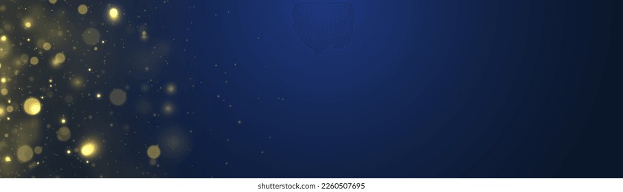 Blurred bokeh light on transparent blue background. Abstract glitter defocused blinking stars and sparks. Christmas and New Year holidays template. Dark golden abstract bokeh. Vector illustration.