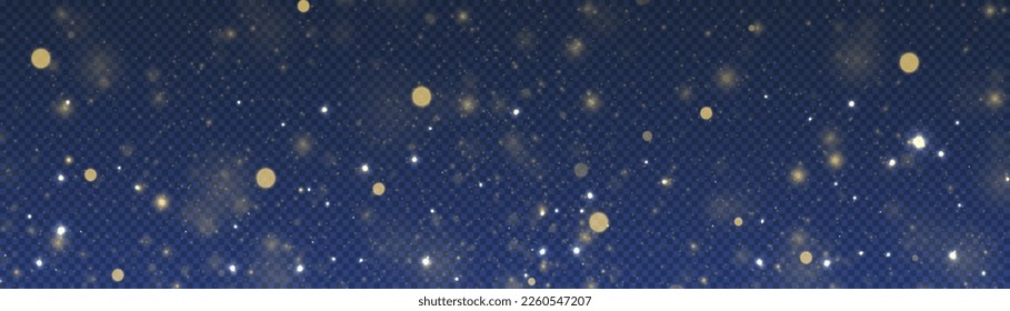 Blurred bokeh light on transparent blue background. Abstract glitter defocused blinking stars and sparks. Dark golden abstract bokeh. Christmas and New Year holidays template. Vector illustration.