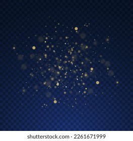 Blurred bokeh light on transparent blue background. Abstract glitter defocused blinking stars and sparks. Christmas and New Year holidays template. Dark golden abstract bokeh. Vector illustration.