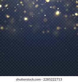 Blurred bokeh light on transparent blue background. Abstract glitter defocused blinking stars and sparks. Dark golden abstract bokeh. Christmas and New Year holidays template. Vector illustration.