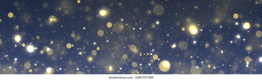 Blurred bokeh light on transparent blue background. Abstract glitter defocused blinking stars and sparks. Dark golden abstract bokeh. Christmas and New Year holidays template. Vector illustration.
