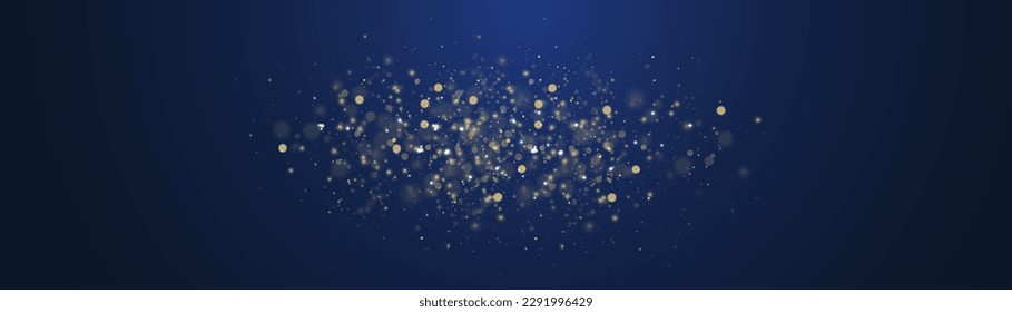 Blurred bokeh light on transparent blue background. Abstract glitter defocused blinking stars and sparks. Dark golden abstract bokeh. Christmas and New Year holidays template. Vector illustration.
