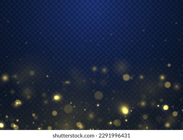 Blurred bokeh light on transparent blue background. Abstract glitter defocused blinking stars and sparks. Dark golden abstract bokeh. Christmas and New Year holidays template. Vector illustration.