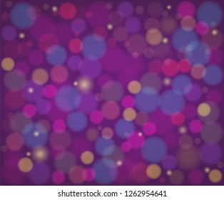 Blurred bokeh lights on violet background. Christmas, New Year and Xmas holidays festive pattern. Abstract defocused blinking sparks with a place for text. Vector illustration EPS 10 file.