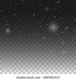 Blurred bokeh particles. Transparent snowflake background. Christmas snow fall winter illustration