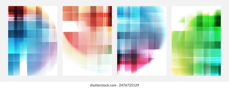 Blurred bright colored abstract backgrounds with vertical and horizontal dynamic lines. Round stains. Futuristic defocused vibrant color gradients for creative graphic design. Vector illustration.