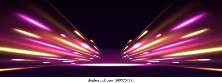 Blurred car light motion effect, city road background with long exposure night lights with dynamic flashlight red and blue colors on black. light trails illustration.	
