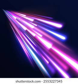 Blurred car light motion effect, city road background with long exposure night lights. Png,  ray, abstract, energy, pack, effect. Acceleration speed motion on night road. Magic moving fast speed lines