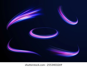Blurred car light motion effect, city road background with long exposure night lights. Png,  ray, abstract, energy, pack, effect. Acceleration speed motion on night road. Magic moving fast speed lines
