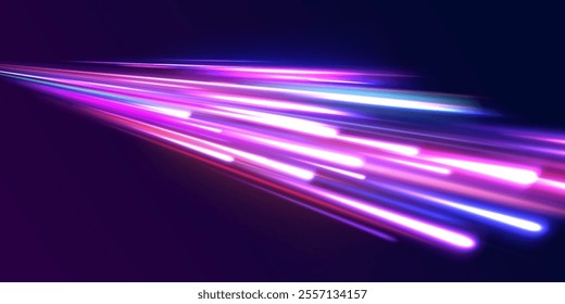 Blurred car light motion effect, city road background with long exposure night lights. Png,  ray, abstract, energy, pack, effect. Acceleration speed motion on night road. Magic moving fast speed lines