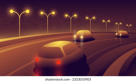 Blurred cars drive along the illuminated highway in the evening horizontal banner.