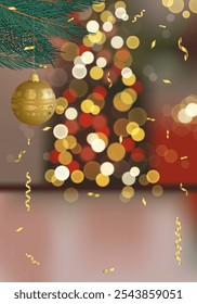 Blurred Christmas background with a Christmas tree and a golden ball. The Christmas tree is surrounded by a garland of lights and tinsel. Festive background with space for text. Vector illustration